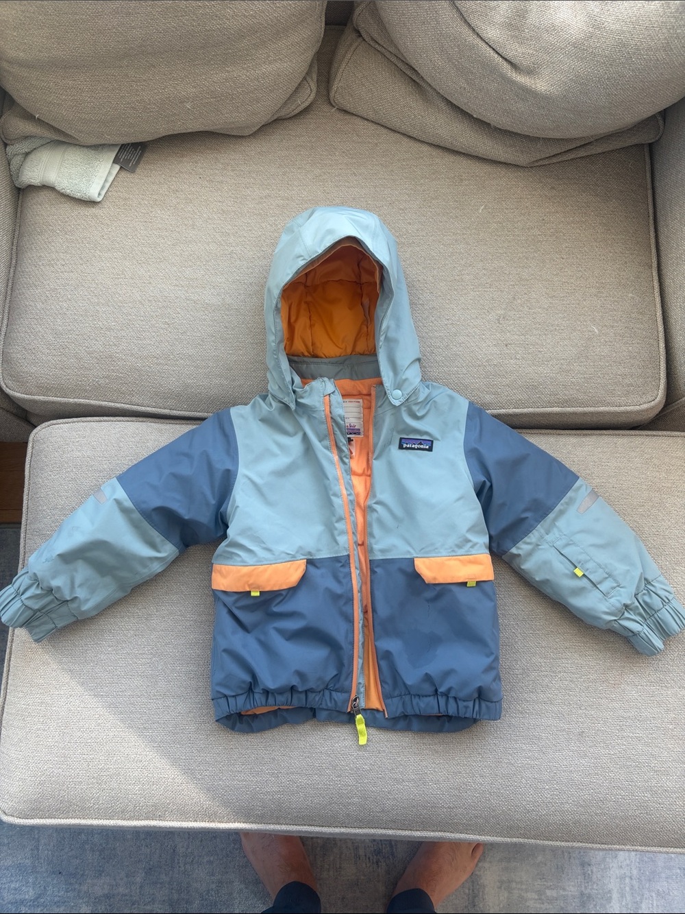 Patagonia Kids Two-Tone Light Blue & Navy Jacket with Orange Accents